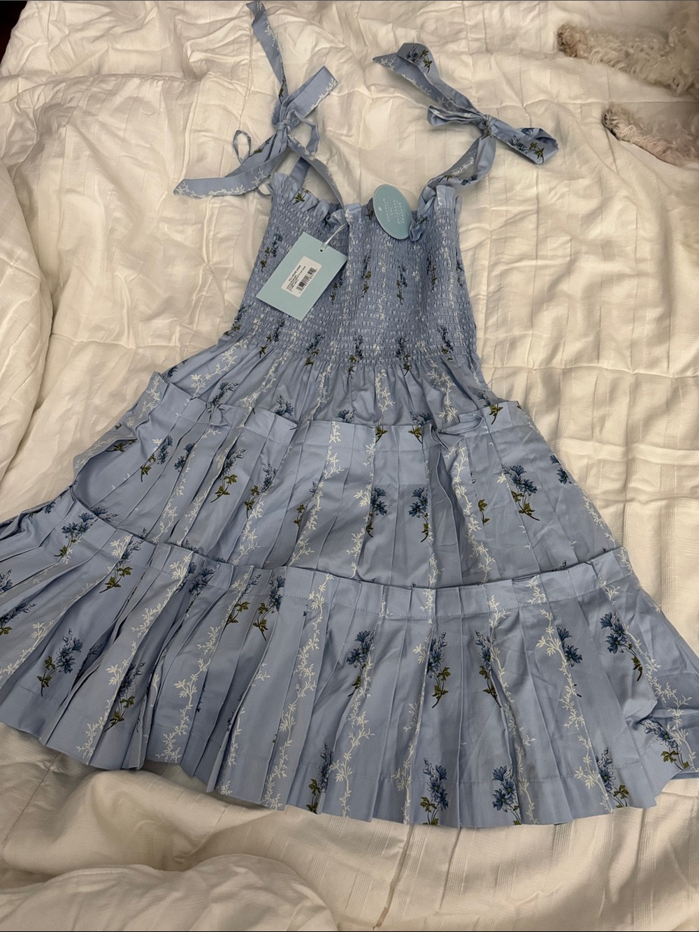 NWT Hill House Light Blue Floral Tie-Shoulder Smocked Nap Dress
